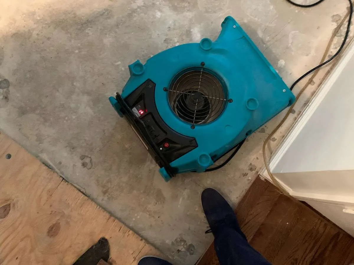 Air mover drying subfloor during Leak Detection & Repair in Lorton